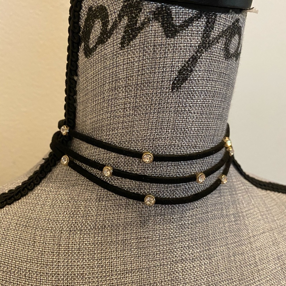 Layered Black Choker Necklace with Rhinestones - Picture 3 of 5